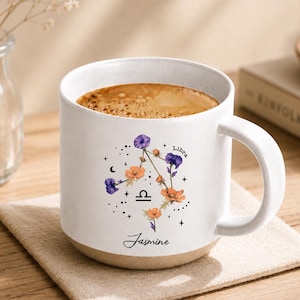 Personalized Libra Zodiac Pottery Mug,Custom Name Coffee Cup with flower Gift for Best Friend Mug, Birthday Mug,Astrology Gift for Women