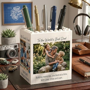 Custom Photo Brick Pencil Holder, Fathers Day Gift for Dad from Kids, Personalized Building Block Pen Pot, Unique Desk Organizer Men Gift 23