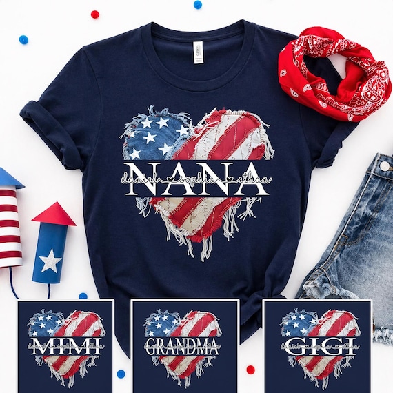 Custom Nana And Grandkids, Patriotic American Heart Flag Nana, 4th of July Nana T Shirt, Patriotic 4th of July Tee Shirt for Mimi Nana Gigi