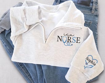 Embroidery ICU Nurse Sweatshirt, Personalized Intensive Care Unit Nurse Quarter Zip Sweatshirt, Chirstmas Gifts