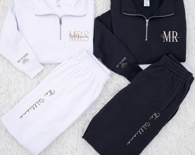 Custom Embroidered Couple Quarter Zip Sweatshirt,  Matching Couples Shirts Sweatshirt Hoodies and Sweatpant, Matching Couple Outfits