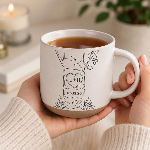 Personalized Couple Mug, Custom Anniversary Mug, Initials Tree Mug, Engagement Gift, Wedding Date Mug, Couples Coffee Cup