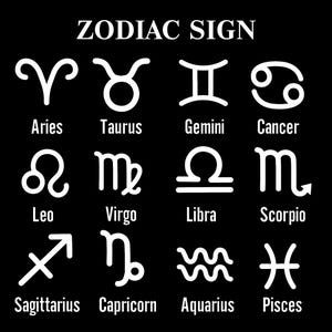 May include: A black and white graphic showing the 12 zodiac signs with their corresponding names: Aries, Taurus, Gemini, Cancer, Leo, Virgo, Libra, Scorpio, Sagittarius, Capricorn, Aquarius, and Pisces.