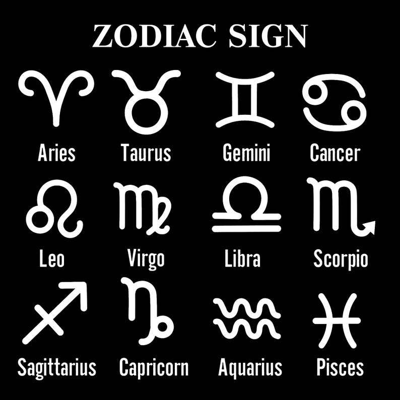 May include: A black and white graphic showing the 12 zodiac signs with their corresponding names: Aries, Taurus, Gemini, Cancer, Leo, Virgo, Libra, Scorpio, Sagittarius, Capricorn, Aquarius, and Pisces.