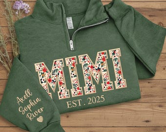 Custom Embroidered Mimi Zip Sweatshirt, Grandma Floral Applique Sweatshirt, Gifts For Mimi , New Grandma Gifts, Nana, Gigi, Mimi Crewneck