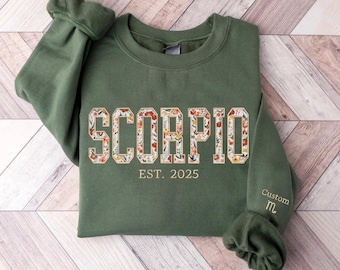 Custom Embroidery Scorpio Zodiac Sweatshirt, Scorpio Zodiac Floral Sweater, Custom Zodiac Sign on Sleeve, Gifts for Astrology, Birthday