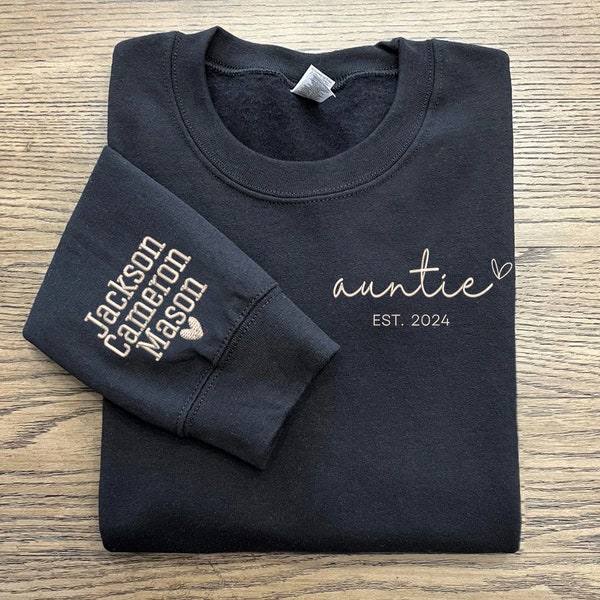 Embroidered Auntie Sweatshirt With Name On Sleeve, Custom Minimalist Auntie Aunt Name On Shirt, New Aunt Gift Cool Aunt Club, Gifts for Aunt