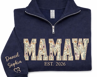 Embroidered Applique Mamaw Quarter Zip Sweatshirt With Names on