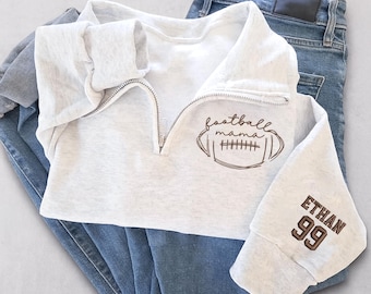 Custom Embroidered Football Mama Sweatshirt, Football Quarter Zip Sweatshirt, Sports Mama Hoodie, Football Mama with Kid Name On Sleeve