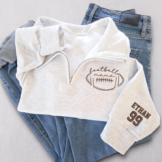 Custom Embroidered Football Mama Sweatshirt, Football Quarter Zip Sweatshirt, Sports Mama Hoodie, Football Mama with Kid Name On Sleeve
