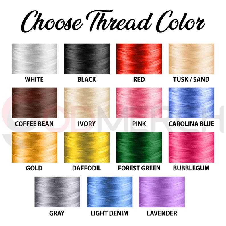 May include: A color chart with various thread colors, including white, black, red, and gold. The text "Choose Thread Color" is at the top. Other colors include pink, blue, green, and lavender. Each color is labeled with its name.