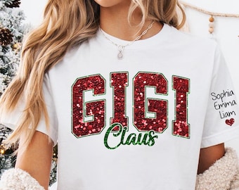 Giantbighands Custom Glitter Gigi Claus Sweatshirt with Grandkids Names on Sleeve, Est Date Gigi Sweatshirt, Gift for Gigi, Gigi Sweater