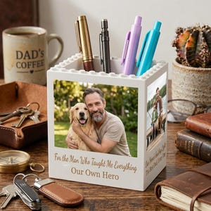 Custom Photo Brick Pencil Holder, Fathers Day Gift for Dad from Kids, Personalized Building Block Pen Pot, Unique Desk Organizer Men Gift 12