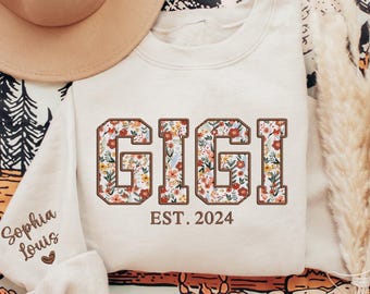 Custom Embroidered Gigi Sweatshirt, Gigi Floral Applique Sweatshirt, Gigi Sweater with Kids on Sleeve, Personalized Gift for Gigi Grandma
