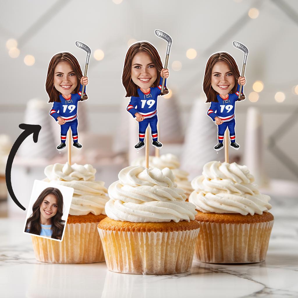Ice Hockey Player Cupcake Topper, Custom Cartoon Face Sports Party Decor, Hockey Gift, Hockey Birthday Cake Topper for Kids or Adults