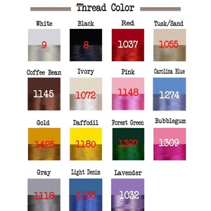Op de afbeelding: Een kleurenkaart met verschillende draadkleuren, waaronder wit, zwart, rood en goud. Elke kleur wordt gecombineerd met een bijbehorend nummer, zoals 9 voor wit en 8 voor zwart. De kaart is gelabeld met "Thread Color".