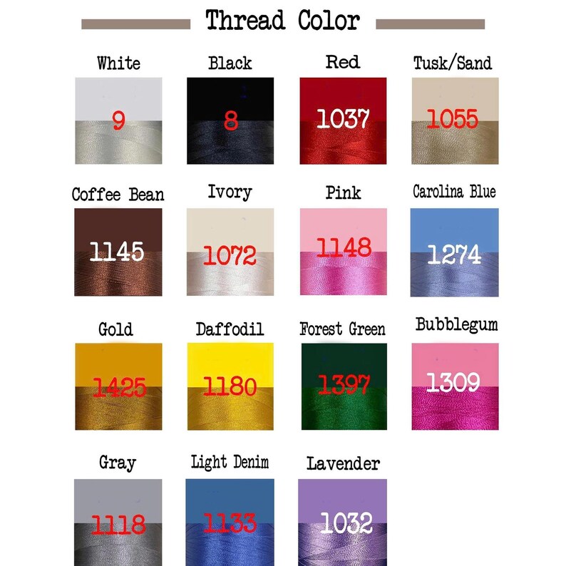 Op de afbeelding: Een kleurenkaart met verschillende draadkleuren, waaronder wit, zwart, rood en goud. Elke kleur wordt gecombineerd met een bijbehorend nummer, zoals 9 voor wit en 8 voor zwart. De kaart is gelabeld met "Thread Color".