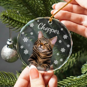 May include: A round, clear glass Christmas ornament with a photo of a tabby cat and the name "Chopper" printed on it. The ornament is decorated with white snowflakes.
