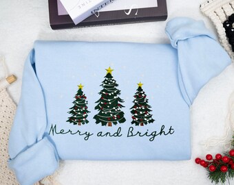 Custom Merry and Bright Embroidered Sweatshirts, christmas gifts, christmas tree sweater, pine-tree sweatshirt, gingerbread, piny sweatshirt