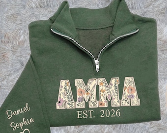 Custom Embroidered Amma Quarter Zip Sweatshirt, Personalized Floral Applique Amma, Hoodie, T-Shirt, Gift for Grandma, Mother’s Day Gift 2026