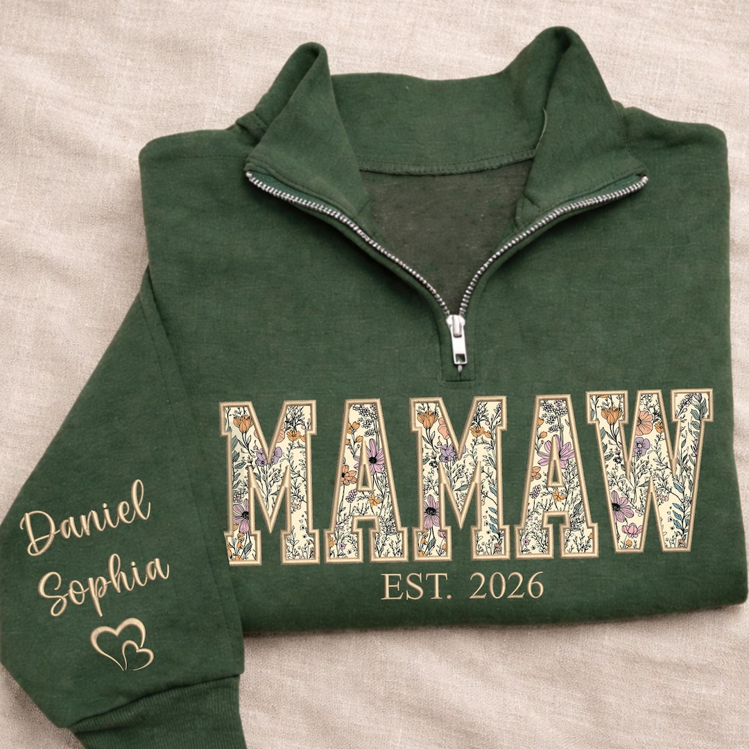 Embroidered Applique Mamaw Quarter Zip Sweatshirt With Names on