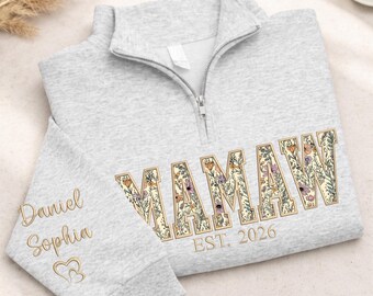 Embroidered Applique Mamaw Quarter Zip Sweatshirt With Names on