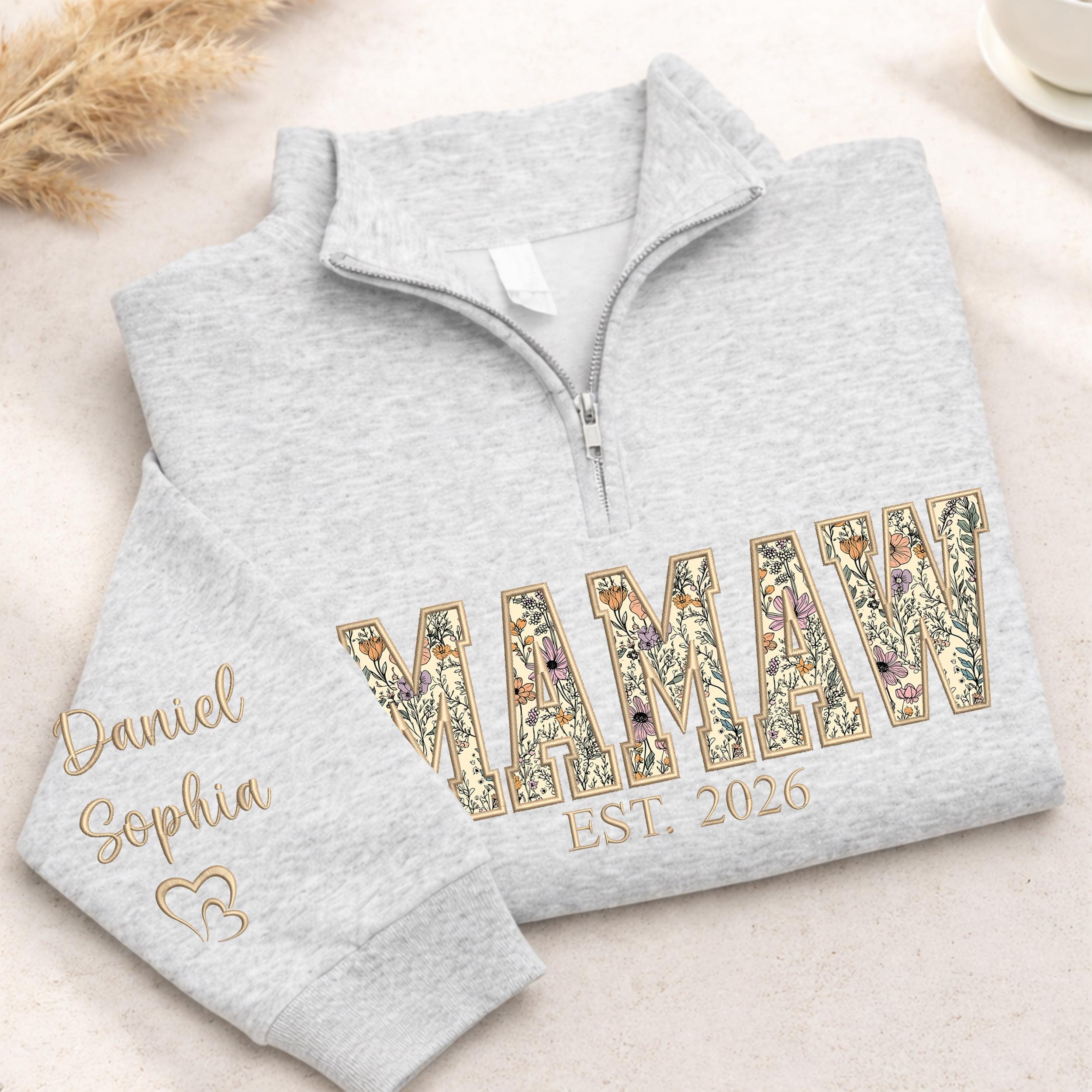 Embroidered Applique Mamaw Quarter Zip Sweatshirt With Names on