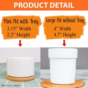 May include: The image displays two white ceramic pots. One is a mini pot with a tray, 3.15 inches wide and 2.2 inches high. The other is a large pot without a tray, 4 inches wide and 4.7 inches high. The text "PRODUCT DETAIL" is at the top.
