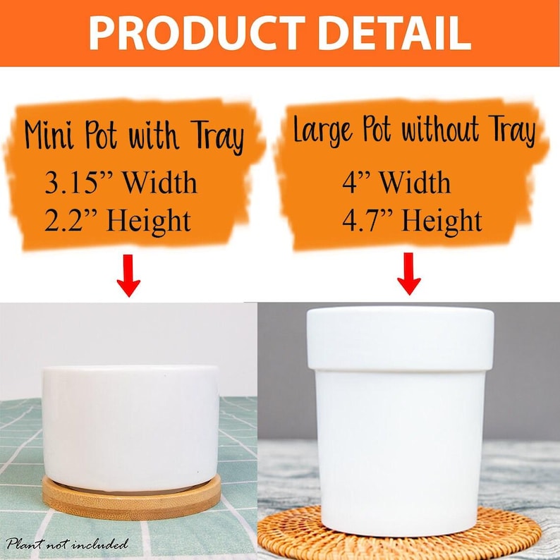 May include: The image displays two white ceramic pots. One is a mini pot with a tray, 3.15 inches wide and 2.2 inches high. The other is a large pot without a tray, 4 inches wide and 4.7 inches high. The text "PRODUCT DETAIL" is at the top.