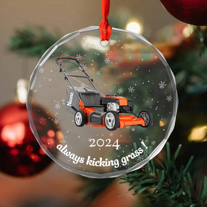 Personalized Lawn Mower Hanging Glass Ornament, Gardening Lovers