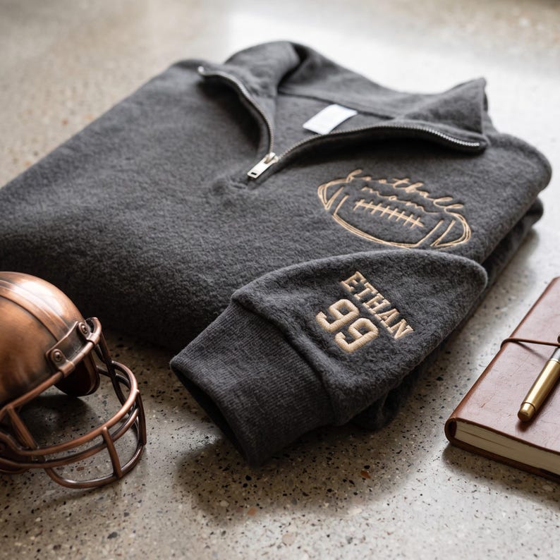 May include: A charcoal gray quarter-zip pullover featuring an embroidered football graphic with the text football mom on the chest and the name ETHAN with the number 66 embroidered in tan thread on the sleeve cuff, alongside a copper football helmet.