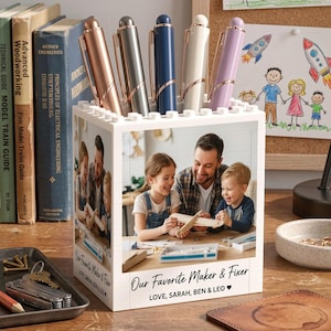 Custom Photo Brick Pencil Holder, Fathers Day Gift for Dad from Kids, Personalized Building Block Pen Pot, Unique Desk Organizer Men Gift 19