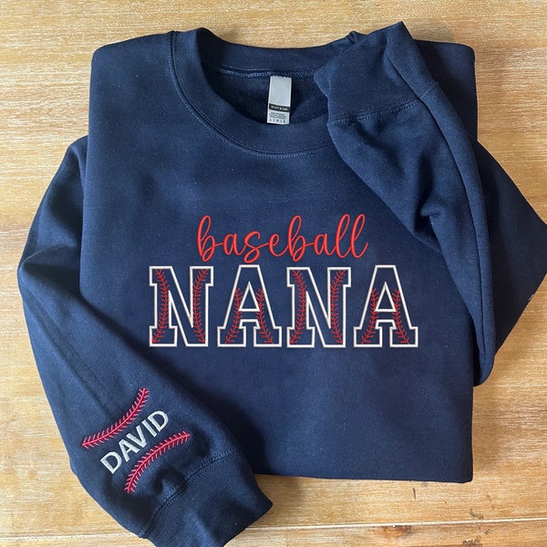 Embroidered Baseball Nana Crewneck Sweatshirt with Customized Sleeve - Personalized Gift for Moms Baseball Papa, Baseball Dad Embroidered