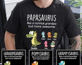 Personalized Papasaurus Dinosaur Shirt with Custom Kids Names, Funny Papa Family T Shirt for Papa, Father's Day Birthday Gift