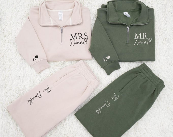 Custom Embroidered Couple Quarter Zip Sweatshirt Set,  Matching Couples Hoodies and Sweatpant, Matching Couple Outfits, Mr & Mrs. Shirts