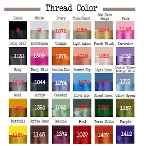 Op de afbeelding: Een kleurenkaart met verschillende draadkleuren met bijbehorende namen en nummers. Kleuren zijn onder meer zwart, wit, roze, oranje en groen. De tekst "Thread Color" staat bovenaan. Elke kleur wordt in een vierkantje weergegeven.