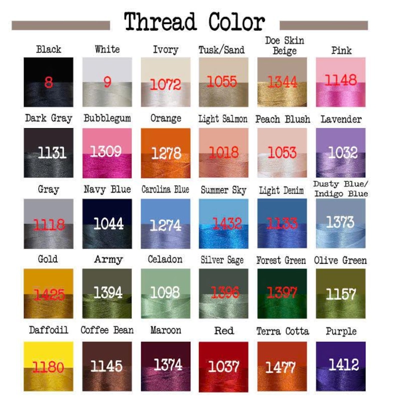 Op de afbeelding: Een kleurenkaart met verschillende draadkleuren met bijbehorende namen en nummers. Kleuren zijn onder meer zwart, wit, roze, oranje en groen. De tekst "Thread Color" staat bovenaan. Elke kleur wordt in een vierkantje weergegeven.