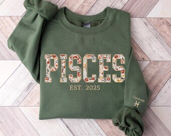 Custom Embroidery Pisces Zodiac Sweatshirt, Pisces Zodiac Floral Sweater, Custom Zodiac Sign on Sleeve, Gifts for Astrology, Birthday