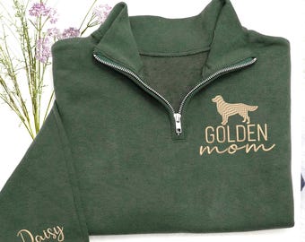 Embroidery Golden Retriever Mama Sweatshirt, Custom Dog Mom Quarter Zip Sweatshirt, Frenchie Lover Gifts, Pet Name Sleeve, Chirstmas Gifts