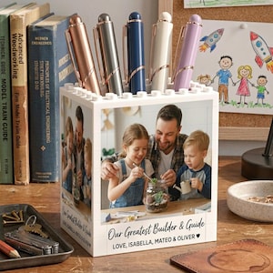 Custom Photo Brick Pencil Holder, Fathers Day Gift for Dad from Kids, Personalized Building Block Pen Pot, Unique Desk Organizer Men Gift 17