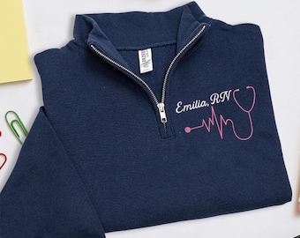 Custom Nurse Quarter Zip Sweatshirt-Jerzees Nublend Quarter Zip-Custom Embroidered-Personalized-Nursing Graduation-Nurse-RN-Gift for her