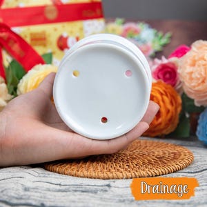 May include: A white ceramic planter base with three drainage holes. The planter is held in a hand, with a woven coaster and flowers in the background. The word "Drainage" is written on an orange rectangle.