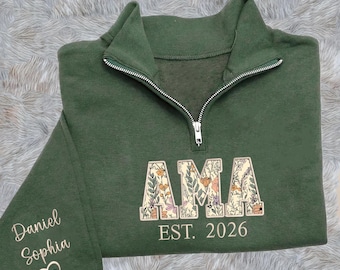 Custom Embroidered Ama Quarter Zip Sweatshirt, Personalized Floral Applique Ama, Hoodie, T-Shirt, Gift for Grandma, Mother’s Day Gift 2026