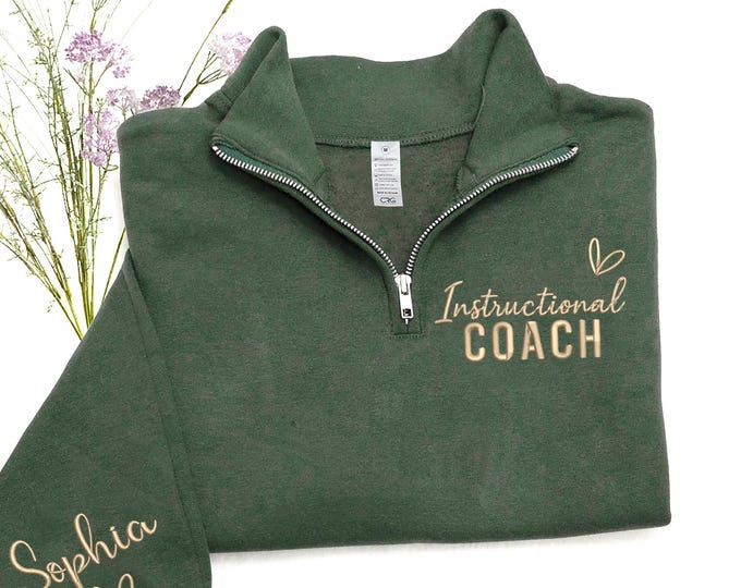 Instructional Coach Quarter Zip Sweatshirt, Personalized Teacher Hoodie,Embroidered Name Shirt, Education Staff Gift for School Counselor