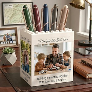 Custom Photo Brick Pencil Holder, Fathers Day Gift for Dad from Kids, Personalized Building Block Pen Pot, Unique Desk Organizer Men Gift 24