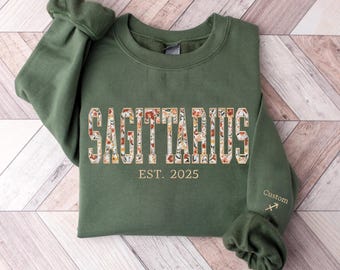 Custom Embroidery Sagittarius Zodiac Sweatshirt, Sagittarius Floral Sweater, Custom Zodiac Sign on Sleeve, Gifts for Astrology, Birthday