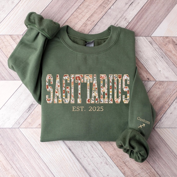Custom Embroidery Sagittarius Zodiac Sweatshirt, Sagittarius Floral Sweater, Custom Zodiac Sign on Sleeve, Gifts for Astrology, Birthday