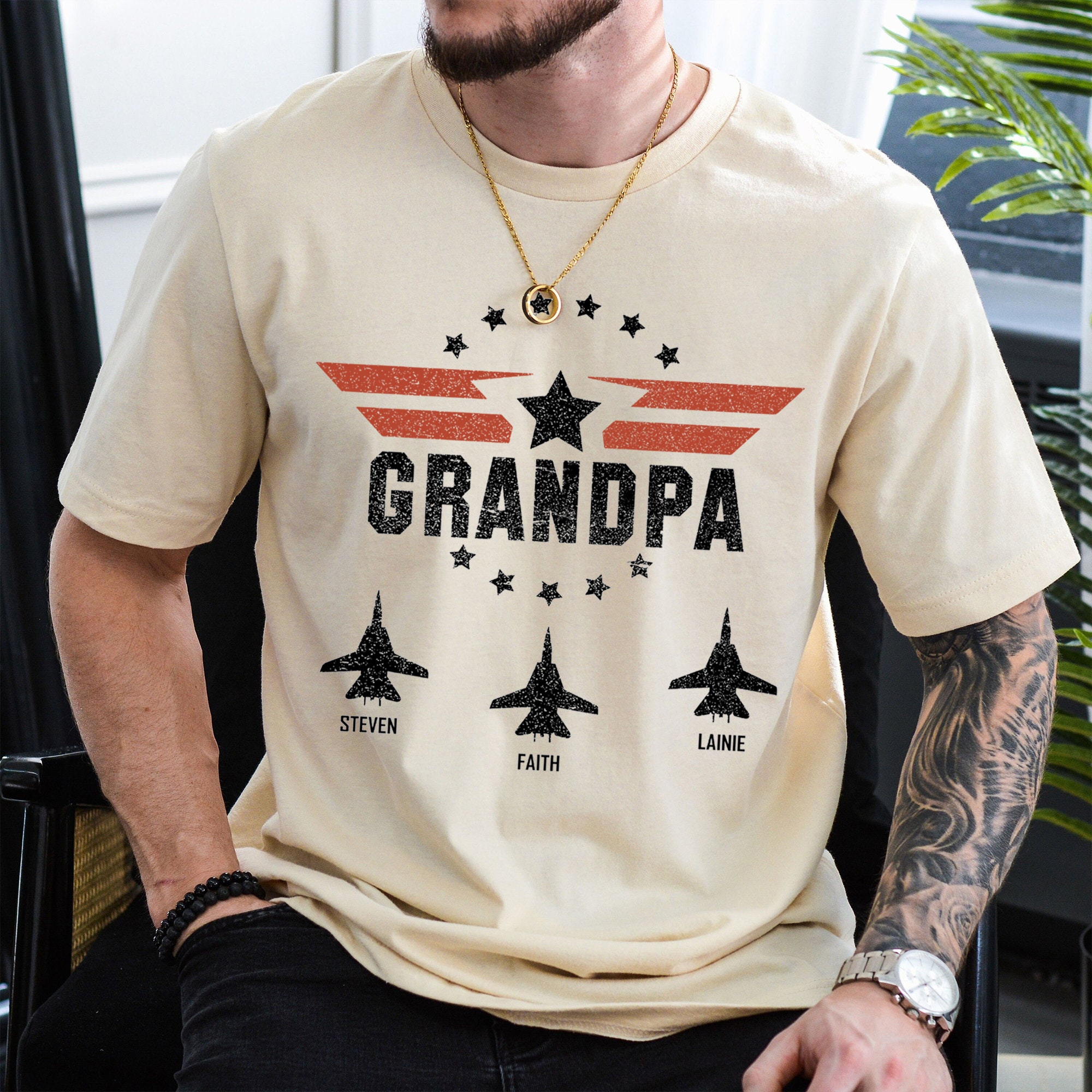 Personalized Grandpa Fighter Pilot T-shirt With Grandkids Name