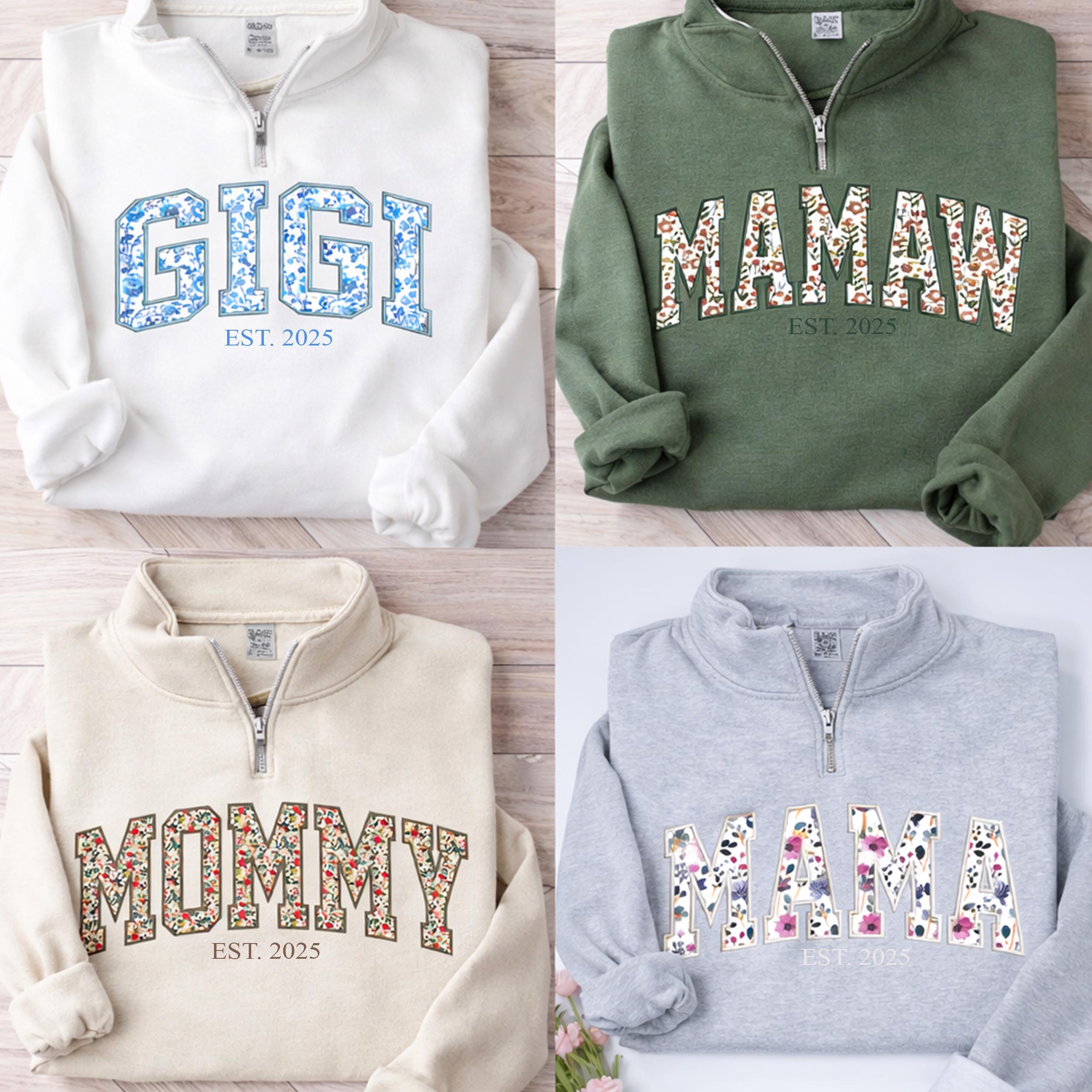 Embroidered Applique Mamaw Quarter Zip Sweatshirt With Names on