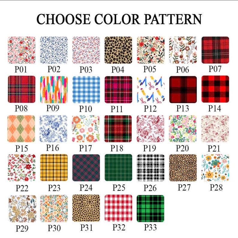 Op de afbeelding: Een raster van 33 kleurenpatroonopties, elk in een vierkant. Patronen zijn onder meer bloemen, ruitjes, dierenprints en geometrische ontwerpen. De tekst "CHOOSE COLOR PATTERN" staat bovenaan. Elk patroon is genummerd.